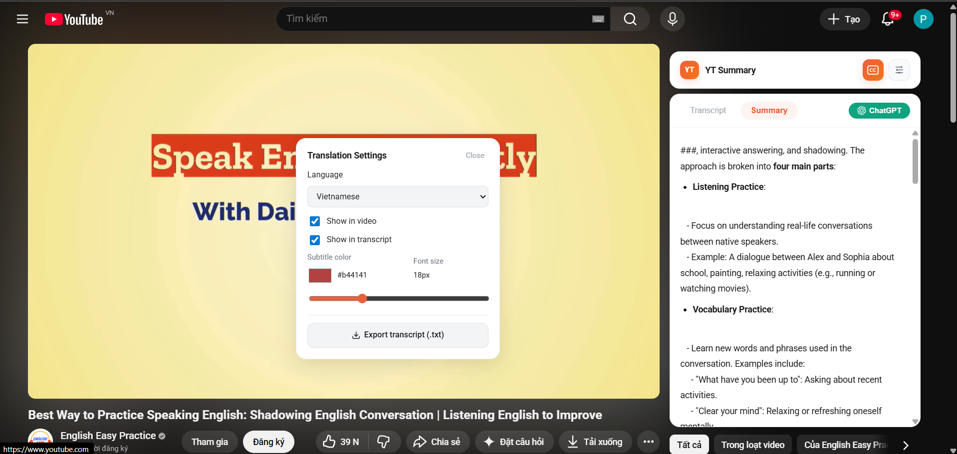 YT Summary - Translation Settings popup with language, subtitle color and font size options